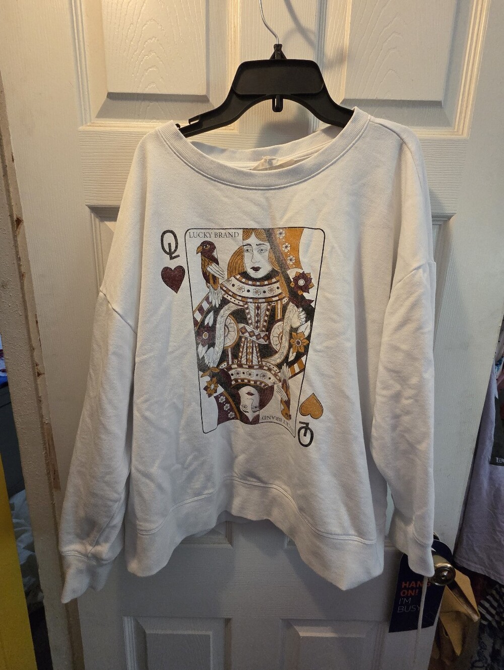 Lucky Brand White Crewneck Sweatshirt with Queen Playing Card Graphic
